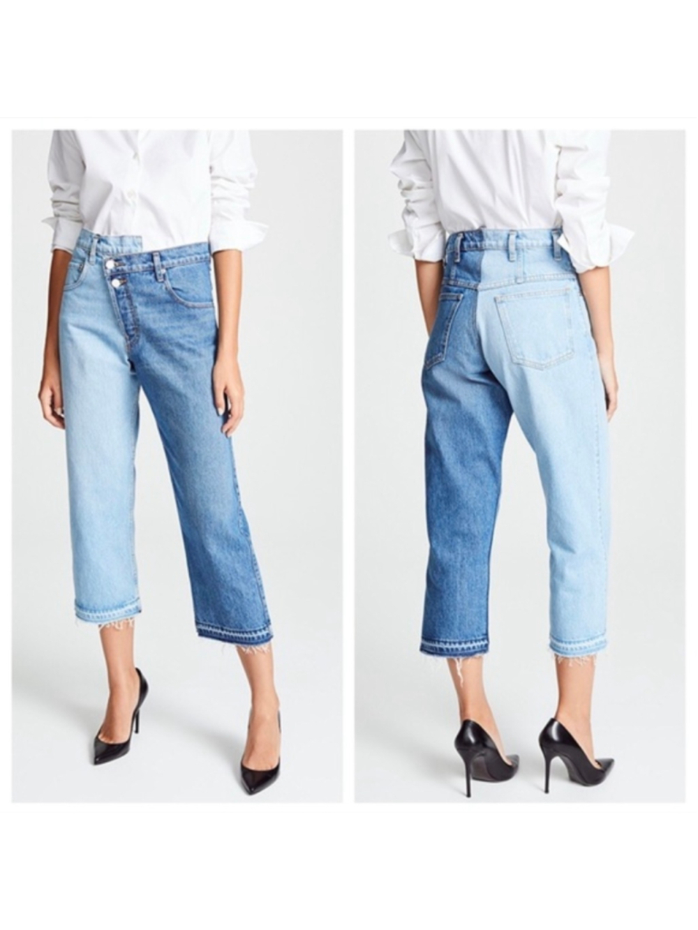 Monse Two-Tone Asymmetric Cropped Jeans, Size 10, Blue/Light Blue